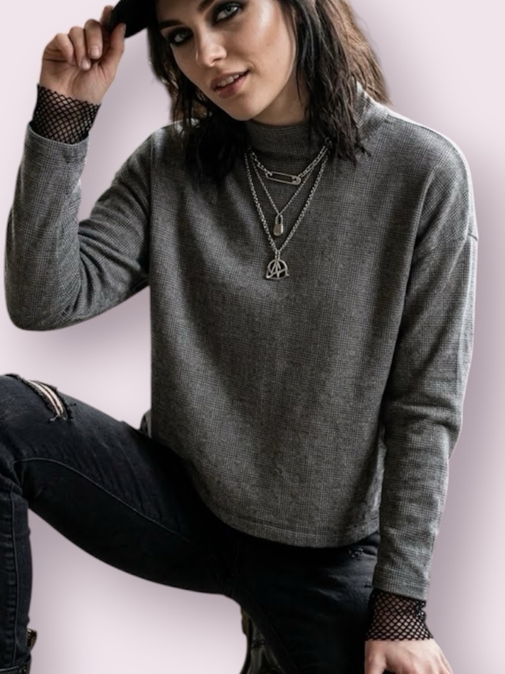 Madewell Gray Glen Plaid Wide Sleeve Mock Neck Top Gray & Black Size Medium